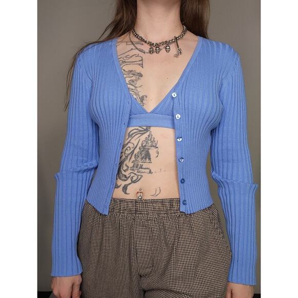 Blue Two Piece Set Current Mood Blue Ribbed Bra w/ Matching Cropped Sweater Sz M - Picture 2 of 7